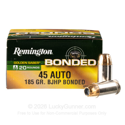 Large image of Premium 45 ACP Ammo For Sale - 185 Grain BJHP Ammunition in Stock by Remington Golden Saber Bonded - 20 Rounds
