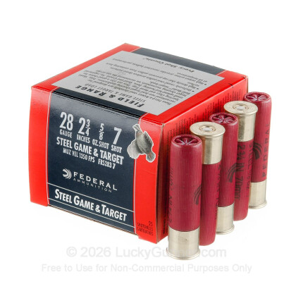 Large image of Cheap 28 Gauge Ammo For Sale - 2-3/4" 5/8 oz. #7 Shot Ammunition in Stock by Federal Steel Game and Target - 25 Rounds