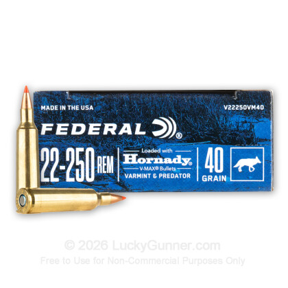 Large image of Premium 22-250 Ammo For Sale - 40 Grain V-MAX Ammunition in Stock by Federal Varmint & Predator - 20 Rounds
