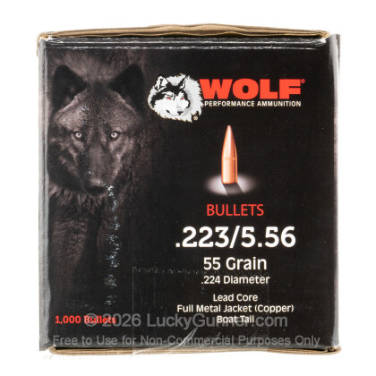 Large image of Cheap 223 Rem Bullets For Sale - 55 Grain FMJ-BT Bullets in Stock by WOLF Performance Ammunition Gold - 1000 Bullets