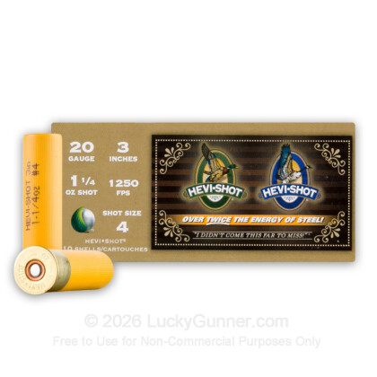 Large image of Premium 20 Gauge Ammo For Sale - 3" 1-1/4 oz. #4 Shot Ammunition in Stock by Hevi-Shot Environ Metal - 10 Rounds