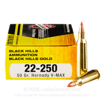 Large image of Premium 22-250 Ammo For Sale - 50 Grain V-Max Ammunition in Stock by Black Hills Gold - 20 Rounds