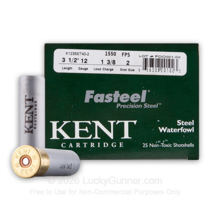 Large image of Cheap 12 Gauge Ammo For Sale - 3-1/2" 1-3/8 oz. #2 Steel Shot Ammunition in Stock by Kent Fasteel - 25 Rounds