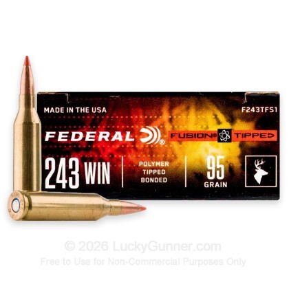 Large image of Federal Fusion Tipped 243 Ammo For Sale - 95 Grain Bonded Polymer Tip - 20 Rounds