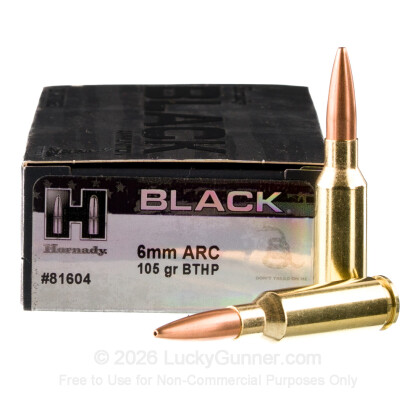 Large image of Premium 6mm ARC Ammo For Sale - 105 Grain HPBT Ammunition in Stock by Hornady BLACK - 20 Rounds