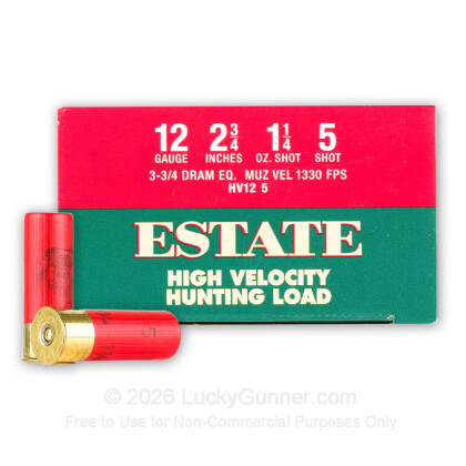 Large image of Cheap 12 Gauge Ammo For Sale - 2-3/4” 1-1/4oz. #5 Shot Ammunition in Stock by Estate High Velocity Hunting Load - 25 Rounds