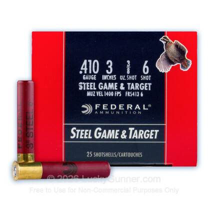 Large image of Cheap 410 Bore Ammo For Sale - 3” 3/8oz. #6 Shot Ammunition in Stock by Federal Field & Range Steel Game & Target - 25 Rounds