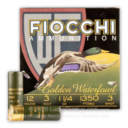 Large image of Bulk 12 Gauge Ammo For Sale - 3” 1-1/4oz. #3 Steel Shot Ammunition in Stock by Fiocchi Golden Waterfowl - 250 Rounds