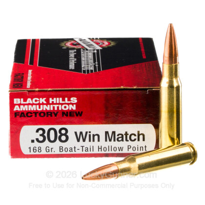 Large image of Cheap 308 Win Ammo For Sale - 168 Grain Match HPBT Ammunition in Stock by Black Hills - 20 Rounds