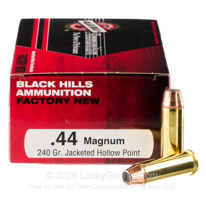 Large image of Premium 44 Mag Ammo For Sale - 240 Grain JHP Ammunition in Stock by Black Hills - 50 Rounds