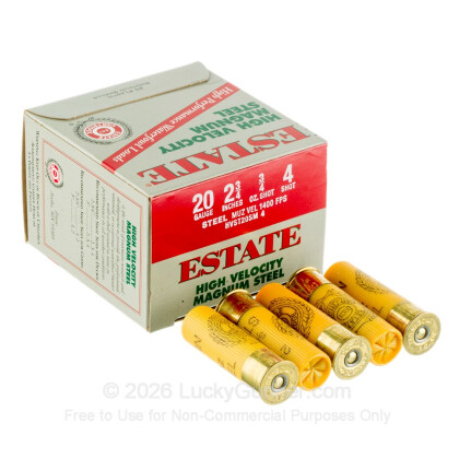 Large image of Cheap 20 Gauge Ammo For Sale - 2-3/4" 3/4 oz. #4 Steel Shot Ammunition in Stock by Estate Cartridge HV - 25 Rounds