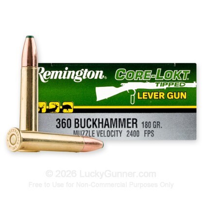 Large image of Remington Core-Lokt Tipped Lever Gun 360 Buckhammer Ammo For Sale - 180 Grain Polymer Tip - 20 Rounds