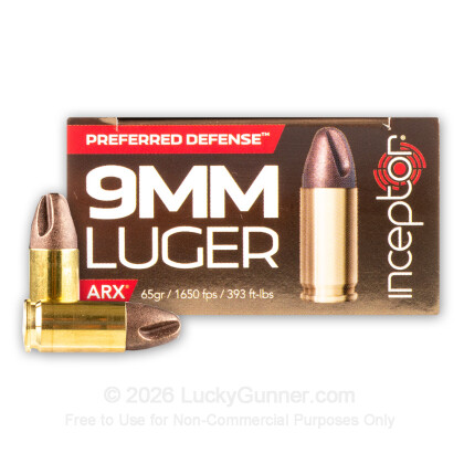 Large image of Premium 9mm Ammo For Sale - 65 Grain ARX Ammunition in Stock by Inceptor - 25 Rounds