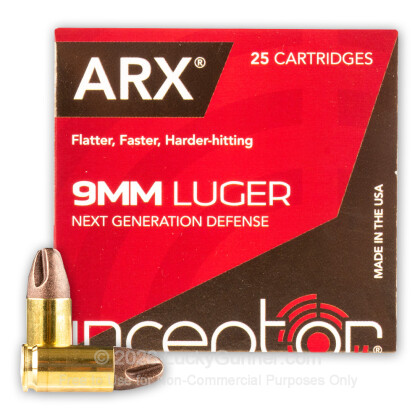 Large image of Premium 9mm Ammo For Sale - 65 Grain ARX Ammunition in Stock by Inceptor - 25 Rounds