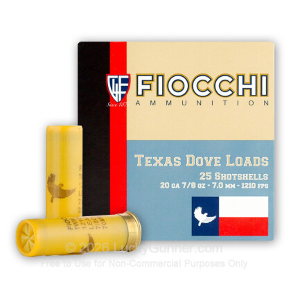 Large image of Bulk 20 Gauge Ammo For Sale - 2 3/4" 7/8 oz. #7.5 Shot Ammunition in Stock by Fiocchi Texas Dove Loads - 250 Rounds