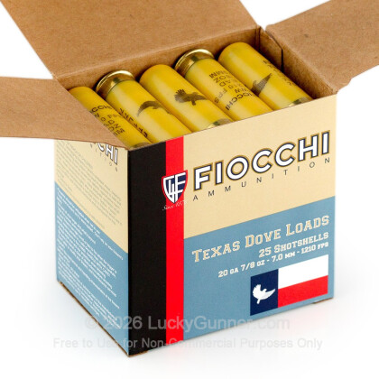 Large image of Bulk 20 Gauge Ammo For Sale - 2 3/4" 7/8 oz. #7.5 Shot Ammunition in Stock by Fiocchi Texas Dove Loads - 250 Rounds