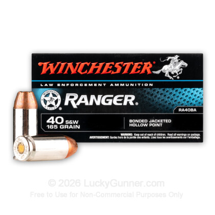 Large image of Premium 40 S&W Ammo For Sale - 165 Grain JHP Ammunition in Stock by Winchester Ranger Bonded - 50 Rounds - LE Trade-In