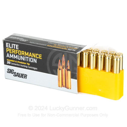 Large image of Premium 243 Ammo For Sale - 55 Grain Polymer Tip Ammunition in Stock by SIG Sauer Varmint & Predator - 20 Rounds