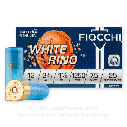 Large image of Cheap 12 Gauge Ammo For Sale - 2-3/4" 1-1/8 oz. #7.5 Shot Ammunition in Stock by Fiocchi White Rino] - 25 Rounds