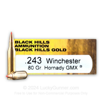Large image of Premium 243 Ammo For Sale - 80 Grain Hornady GMX Ammunition in Stock by Black Hills Gold - 20 Rounds