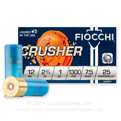 Large image of Cheap 12 Gauge Ammo For Sale - 2-3/4" 1 oz. #7.5 Shot Ammunition in Stock by Fiocchi Crusher - 25 Rounds