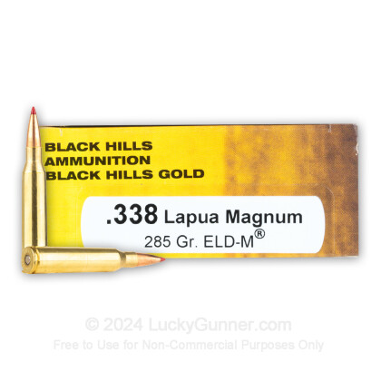 Large image of Premium 338 Lapua Mag Ammo For Sale - 285 Grain ELD Match Ammunition in Stock by Black Hills Gold - 20 Rounds