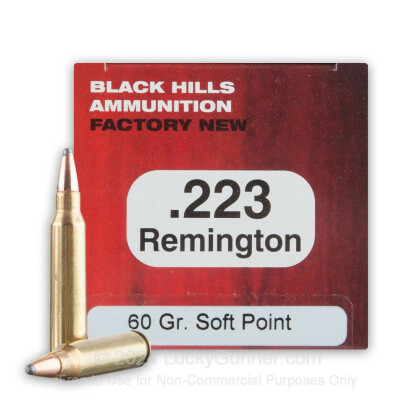 Large image of Premium 223 Rem Ammo For Sale - 60 Grain Soft Point Ammunition in Stock by Black Hills Ammunition - 50 Rounds