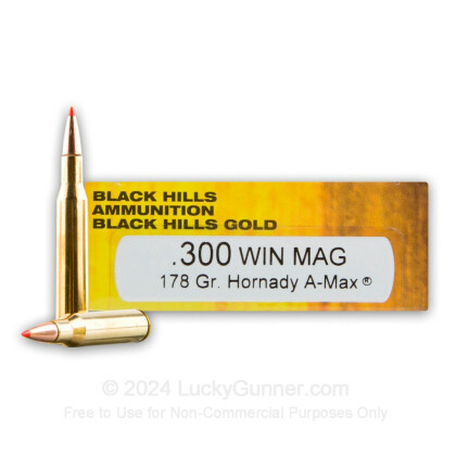 Large image of Premium 300 Winchester Magnum Ammo For Sale - 178 Grain A-Max Polymer Tip Ammunition in Stock by Black Hills Gold - 20 Rounds