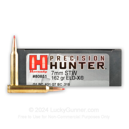 Large image of Premium 7mm STW Ammo For Sale - 162 Grain ELD-X Ammunition in Stock by Hornady Precision Hunter - 20 Rounds
