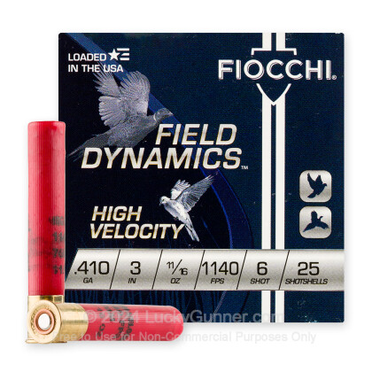 Large image of Cheap 410 Bore Ammo For Sale - 3” 11/16oz. #6 Shot Ammunition in Stock by Fiocchi - 25 Rounds