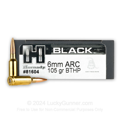 Large image of Premium 6mm ARC Ammo For Sale - 105 Grain HPBT Ammunition in Stock by Hornady BLACK - 20 Rounds