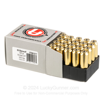 Large image of Premium 50 Beowulf Ammo For Sale - 325 Grain Bonded JHP Ammunition in Stock by Underwood - 20 Rounds