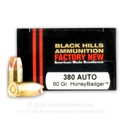 Large image of Premium 380 Auto Ammo For Sale - 60 Grain HoneyBadger Ammunition in Stock by Black Hills - 20 Rounds