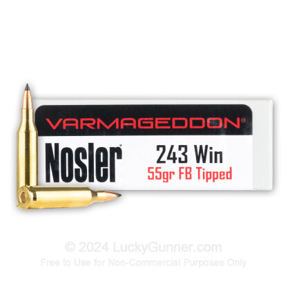 Large image of Premium 243 Ammo For Sale - 55 Grain FB Tipped Ammunition in Stock by Nosler Varmageddon - 20 Rounds