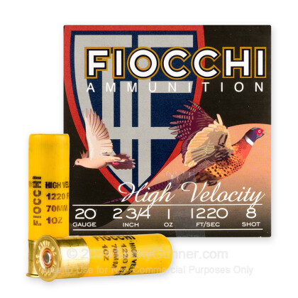 Large image of Cheap 20 Gauge Ammo For Sale - 2-3/4” 1oz. #8 Shot Ammunition in Stock by Fiocchi - 25 Rounds