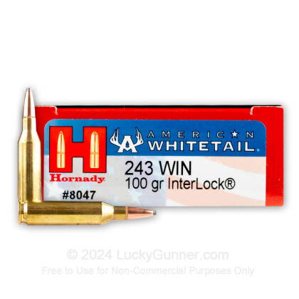 Large image of Cheap 243 Win Ammo In Stock  - 100 gr Hornady American Whitetail SP Interlock Ammunition For Sale Online - 20 Rounds