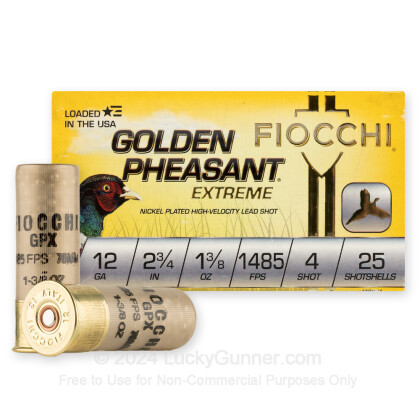 Large image of Premium 12 Gauge Ammo For Sale - 2-3/4” 1-3/8oz. #4 Shot Ammunition in Stock by Fiocchi Golden Pheasant Extreme - 25 Rounds