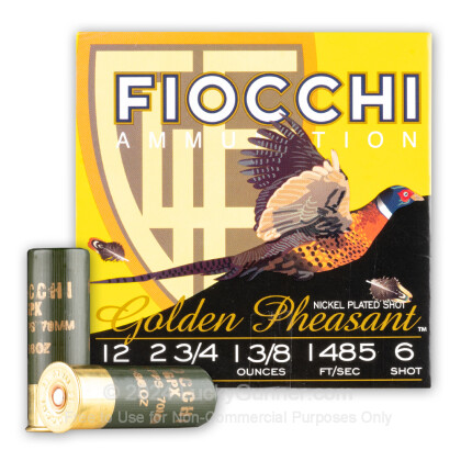 Large image of Bulk 12 Gauge Ammo For Sale - 2-3/4" 1-3/8 oz. #6 Shot Ammunition in Stock by Fiocchi Golden Pheasant Nickel Plated GPX - 250 Rounds
