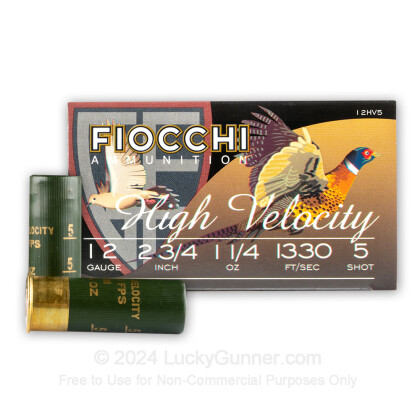 Large image of Cheap 12 Gauge Ammo For Sale - 2-3/4" 1-1/4 oz. HV #5 Shot Ammunition in Stock by Fiocchi - 25 Rounds