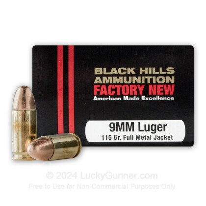 Large image of Premium 9mm Ammo For Sale - 115 Grain FMJ Ammunition in Stock by Black Hills - 20 Rounds