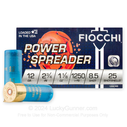 Large image of Premium 12 Gauge Ammo For Sale - 2-3/4” 1-1/8oz. #8.5 Shot Ammunition in Stock by Fiocchi Power Spreader - 25 Rounds
