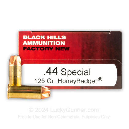 Large image of Premium 44 Special Ammo For Sale - 125 Grain HoneyBadger Ammunition in Stock by Black Hills - 50 Rounds