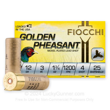 Large image of Premium 12 Gauge Ammo For Sale - 3” 1-3/4oz. #4 Shot Ammunition in Stock by Fiocchi Golden Pheasant - 25 Rounds