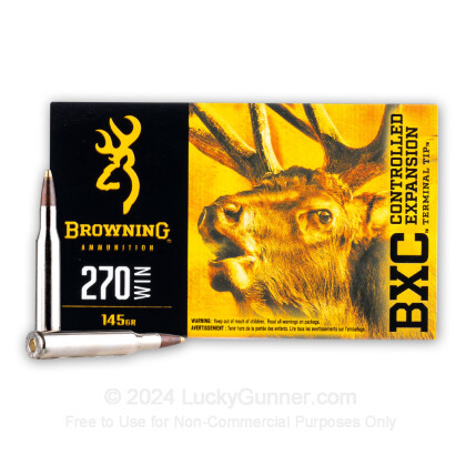 Large image of Premium 270 Ammo For Sale - 145 Grain Controlled Expansion Terminal Tip Ammunition in Stock by Browning BXC - 20 Rounds