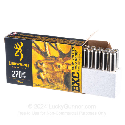 Large image of Premium 270 Ammo For Sale - 145 Grain Controlled Expansion Terminal Tip Ammunition in Stock by Browning BXC - 20 Rounds