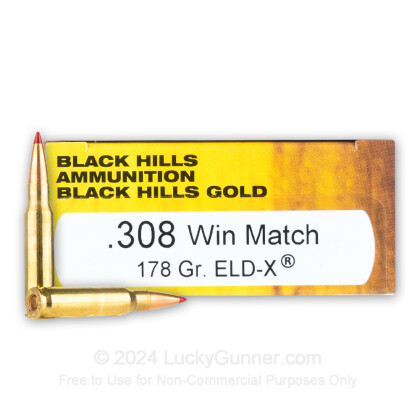 Large image of Premium 308 Ammo For Sale - 178 Grain ELD-X Ammunition in Stock by Black Hills Gold - 20 Rounds