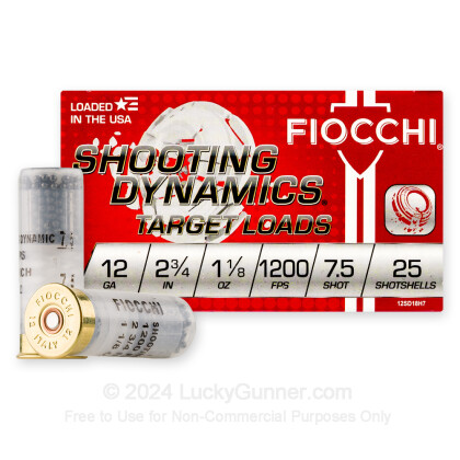 Large image of Cheap 12 Gauge Ammo For Sale - 2-3/4" 1-1/8 oz. #7.5 Shot Ammunition in Stock by Fiocchi Target Shooting Dynamics - 25 Rounds