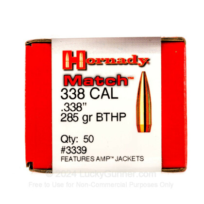 Large image of Cheap 338 Lapua Magnum Bullets For Sale - 285 Grain HPBT Match Bullets in Stock by Hornady - 50