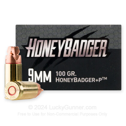 Large image of Bulk 9mm Ammo For Sale - 100 Grain HoneyBadger Ammunition in Stock by Black Hills - 500 Rounds