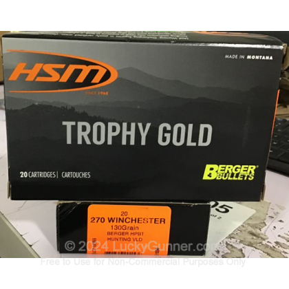 Large image of Premium 270 Ammo For Sale - 130 Grain VLD Hunting Ammunition in Stock by HSM Trophy Gold - 20 Rounds